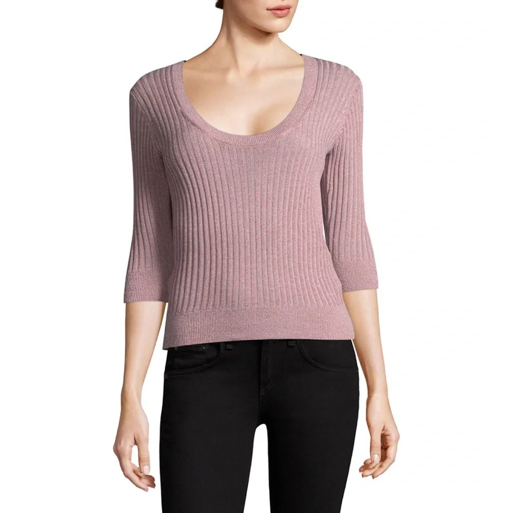 Rebecca Taylor Metallic Ribbed Scoop Neck Sweater